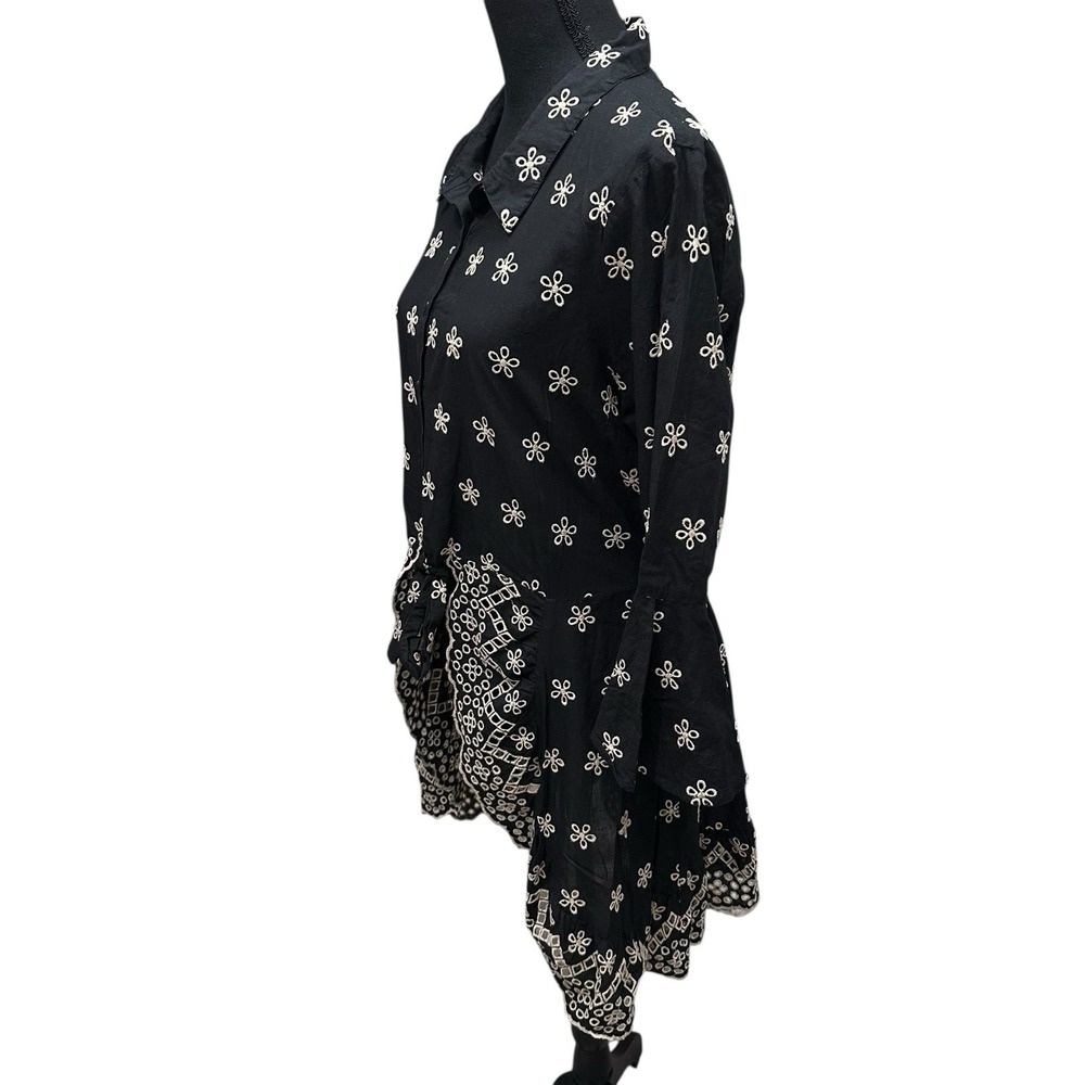 Venus Sz 16 Top High Low Button Front Black Beige Embroidered Eyelet Bell Sleeve - Picture 5 of 9
